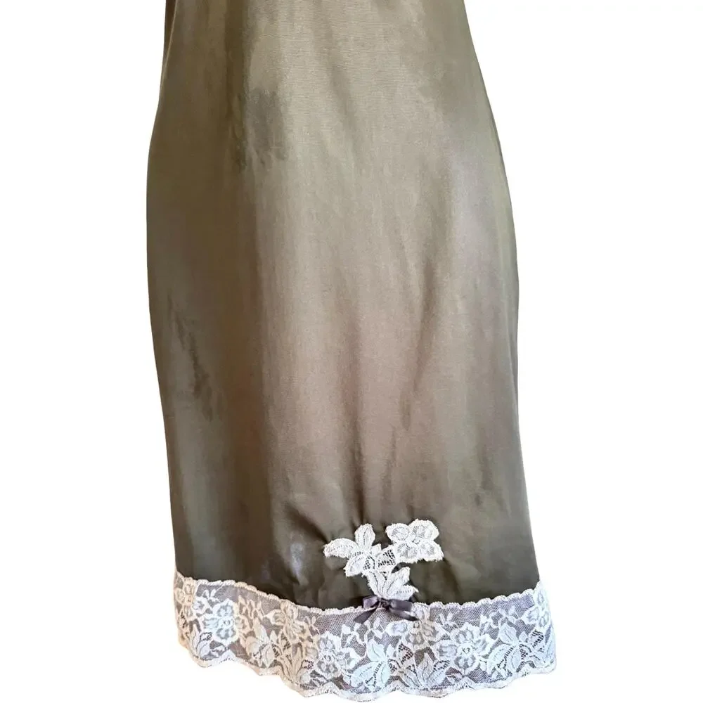 Vintage 60s Formfit Rogers Olive Full Slip Lace Bodice Floral Appliqué Sz 34